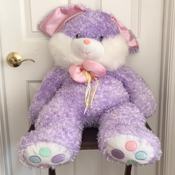 Huge Lavender Bunny Stuffed Animal Floppy Ears White Tail Pink Neck Bow - Picture 3 of 12